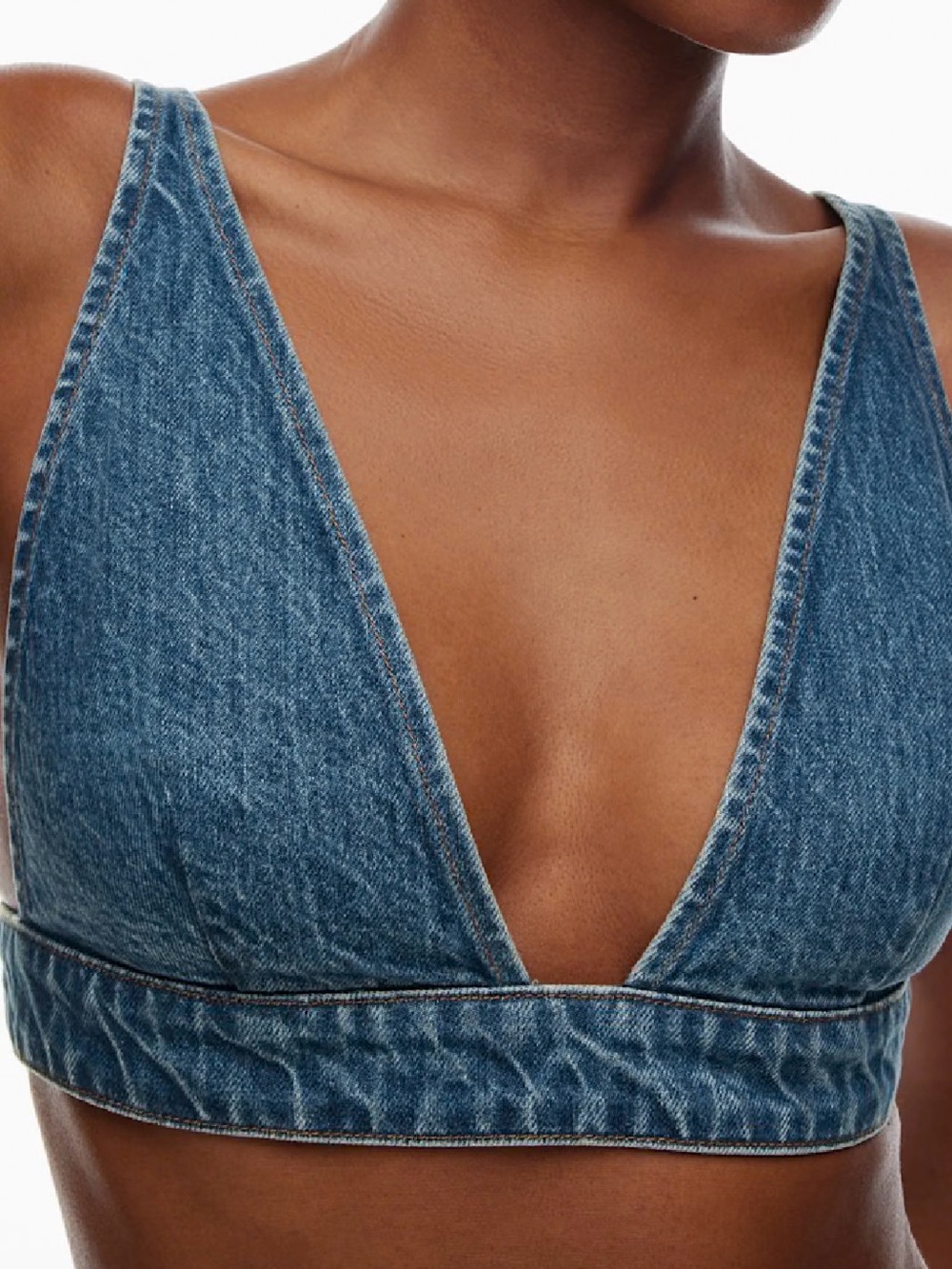 Denim Forum Deep V Denim Crop Top - Blue